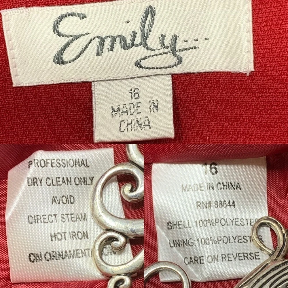 Vintage Emily… Embellished Trim Long Belted Blazer Red Sz 16 Notch Lapel Button